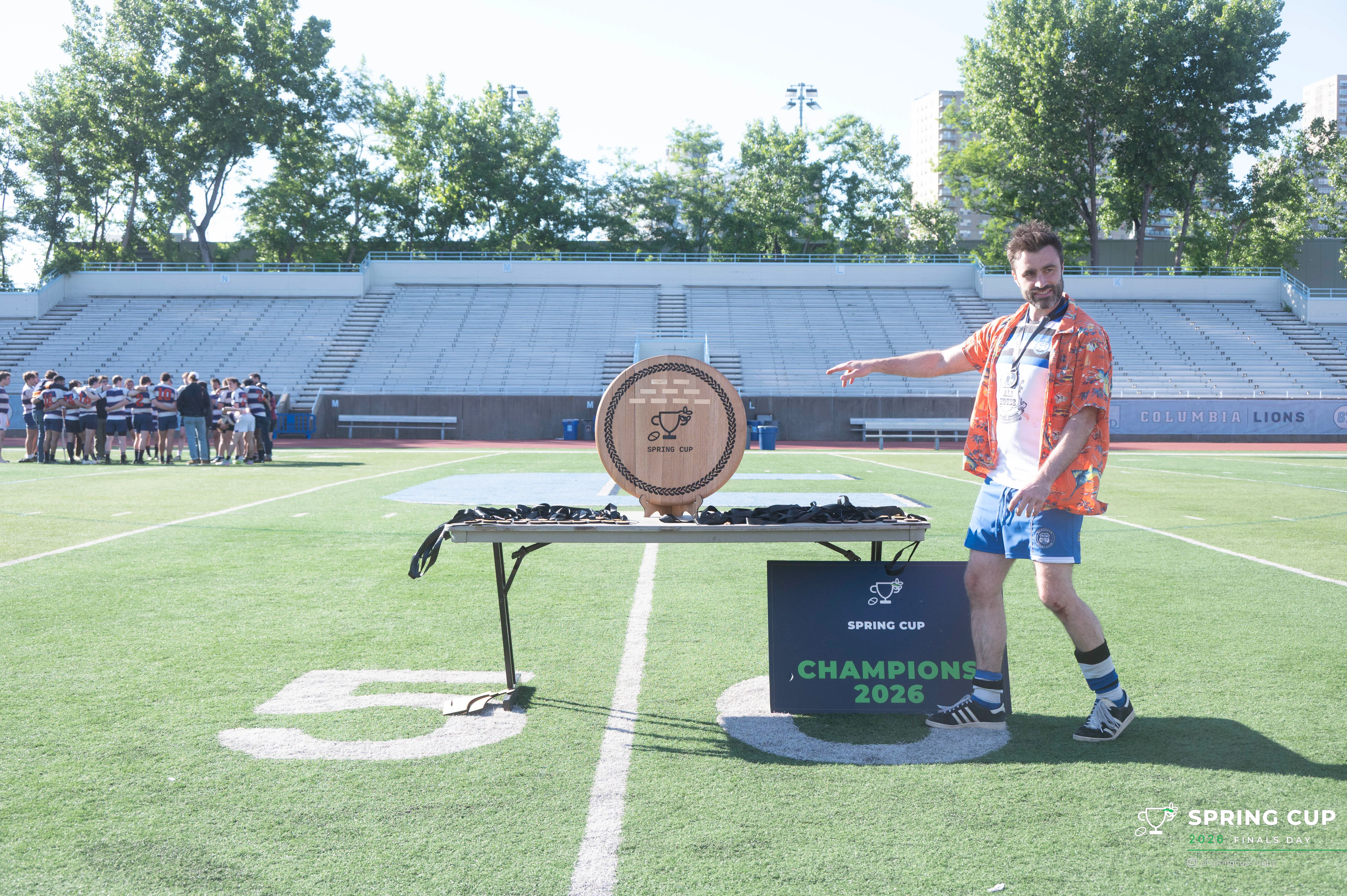 The Spring Cup and medals laid out on the halfway line on finals day